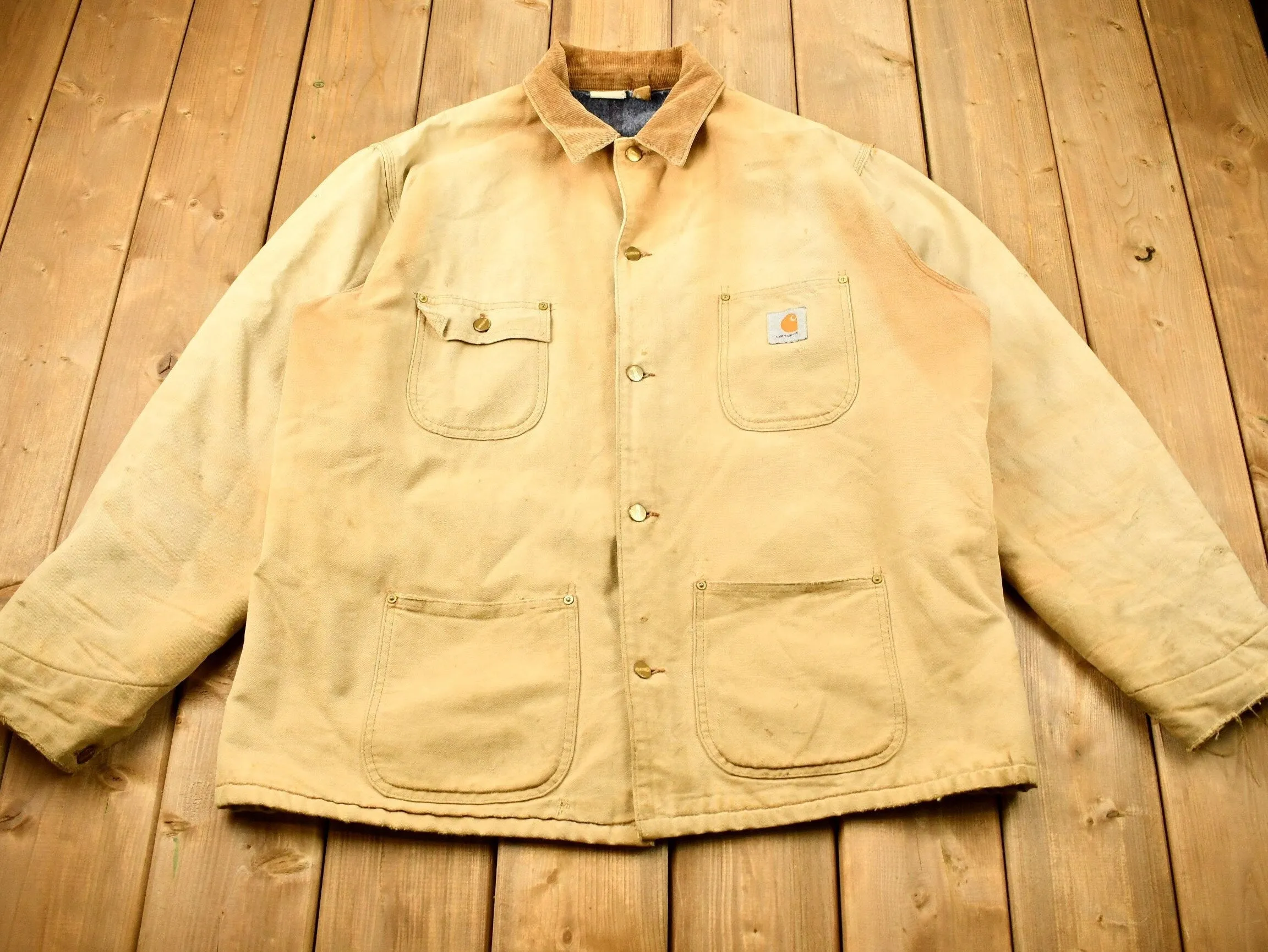 Vintage 1980s Carhartt Blanket Lined Chore Coat / Vintage Workwear / Made In USA / Tan Carhartt Jacket / Button Up / Distressed Carhartt