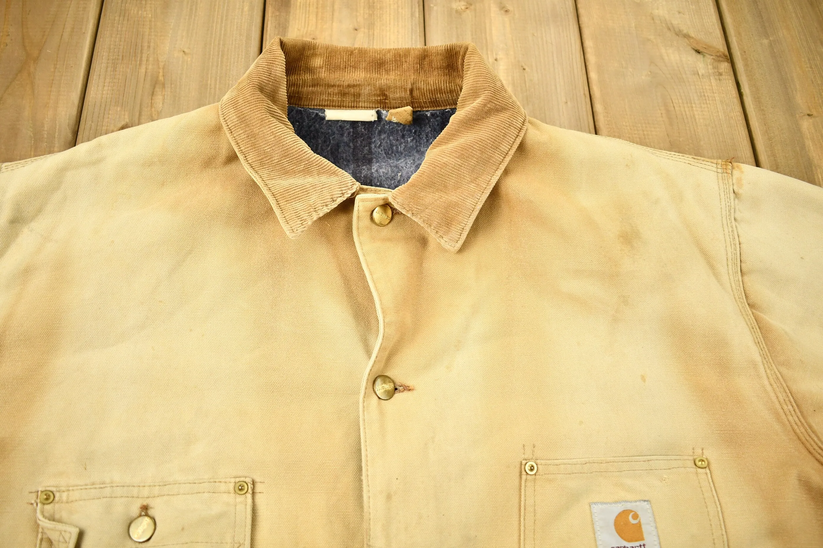 Vintage 1980s Carhartt Blanket Lined Chore Coat / Vintage Workwear / Made In USA / Tan Carhartt Jacket / Button Up / Distressed Carhartt