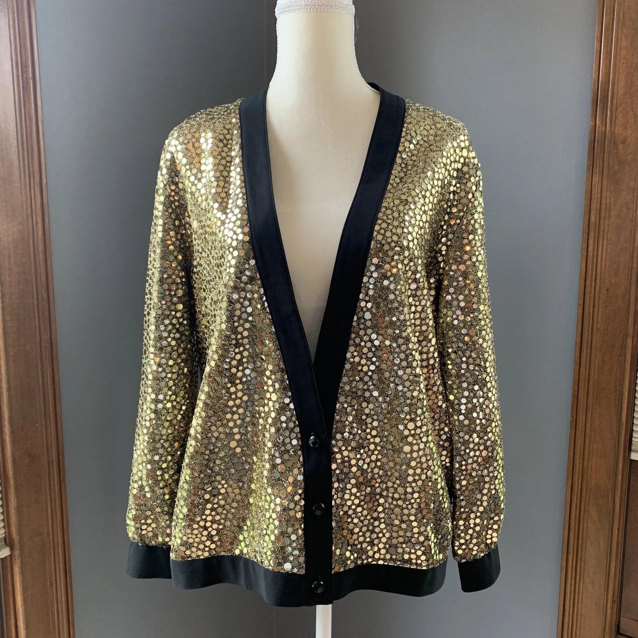 Vintage Gold Sequin Cardigan or Jacket by Edith Flagg's Three Flaggs Vintage Fashion.