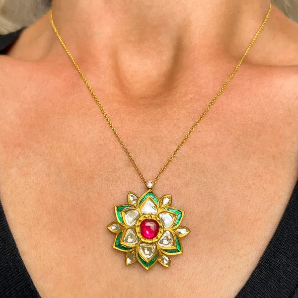 Vintage Indian Ruby, Diamond & Enamel Pendant