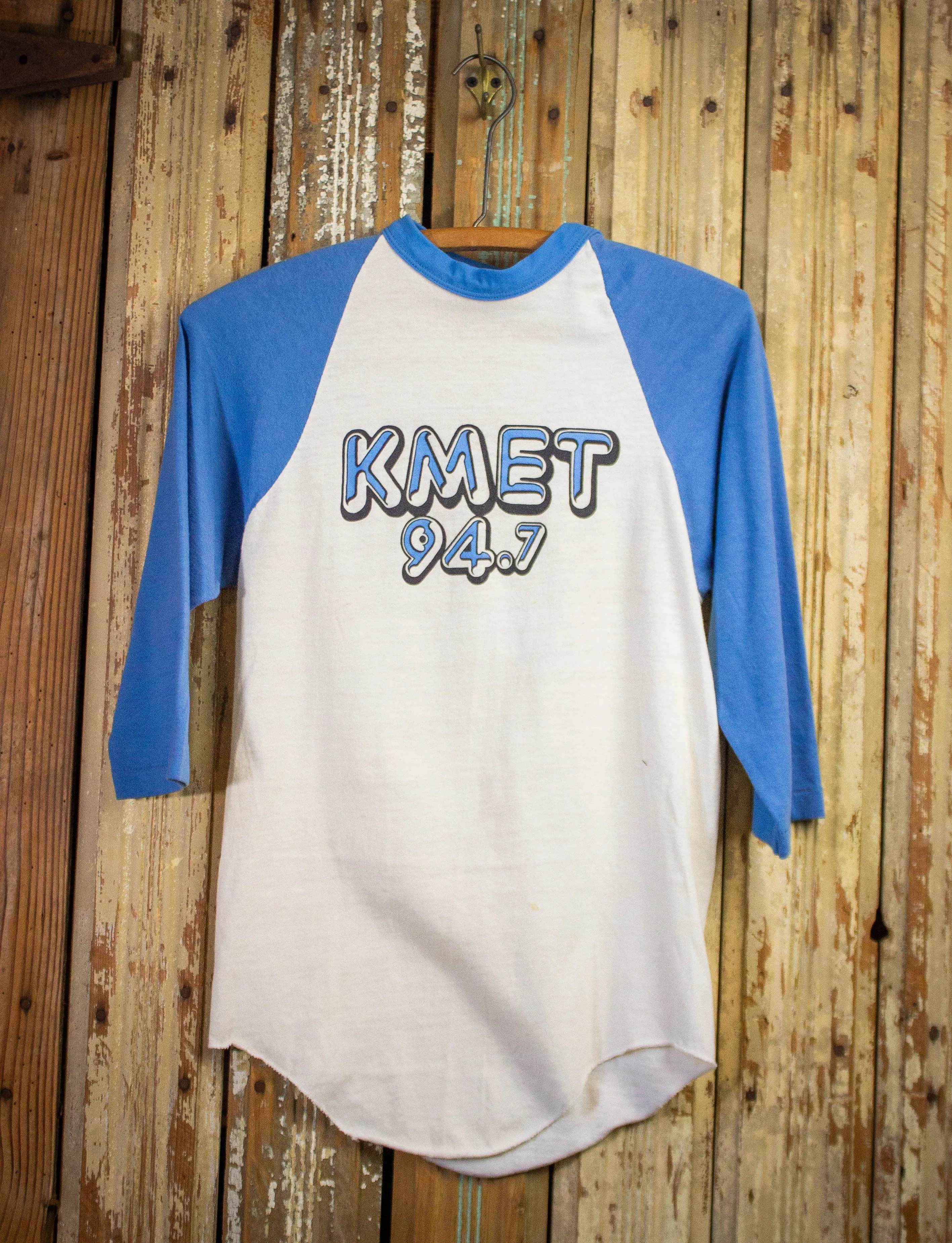 Vintage KMET 94.7 Raglan Graphic T Shirt 70s White and Blue Small