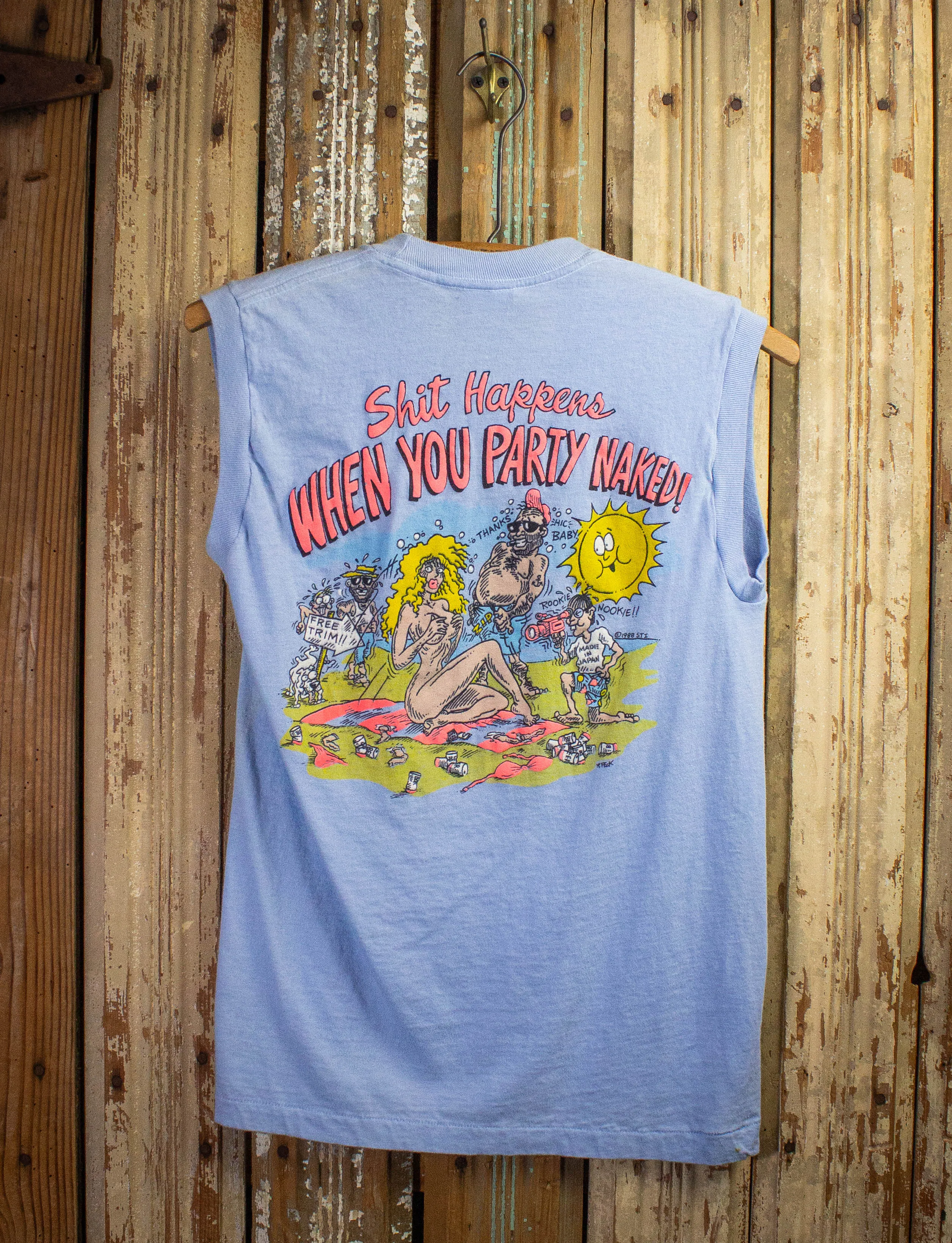 Vintage Shit Happens When You Party Naked Graphic Muscle Shirt 1988 Light Blue Small