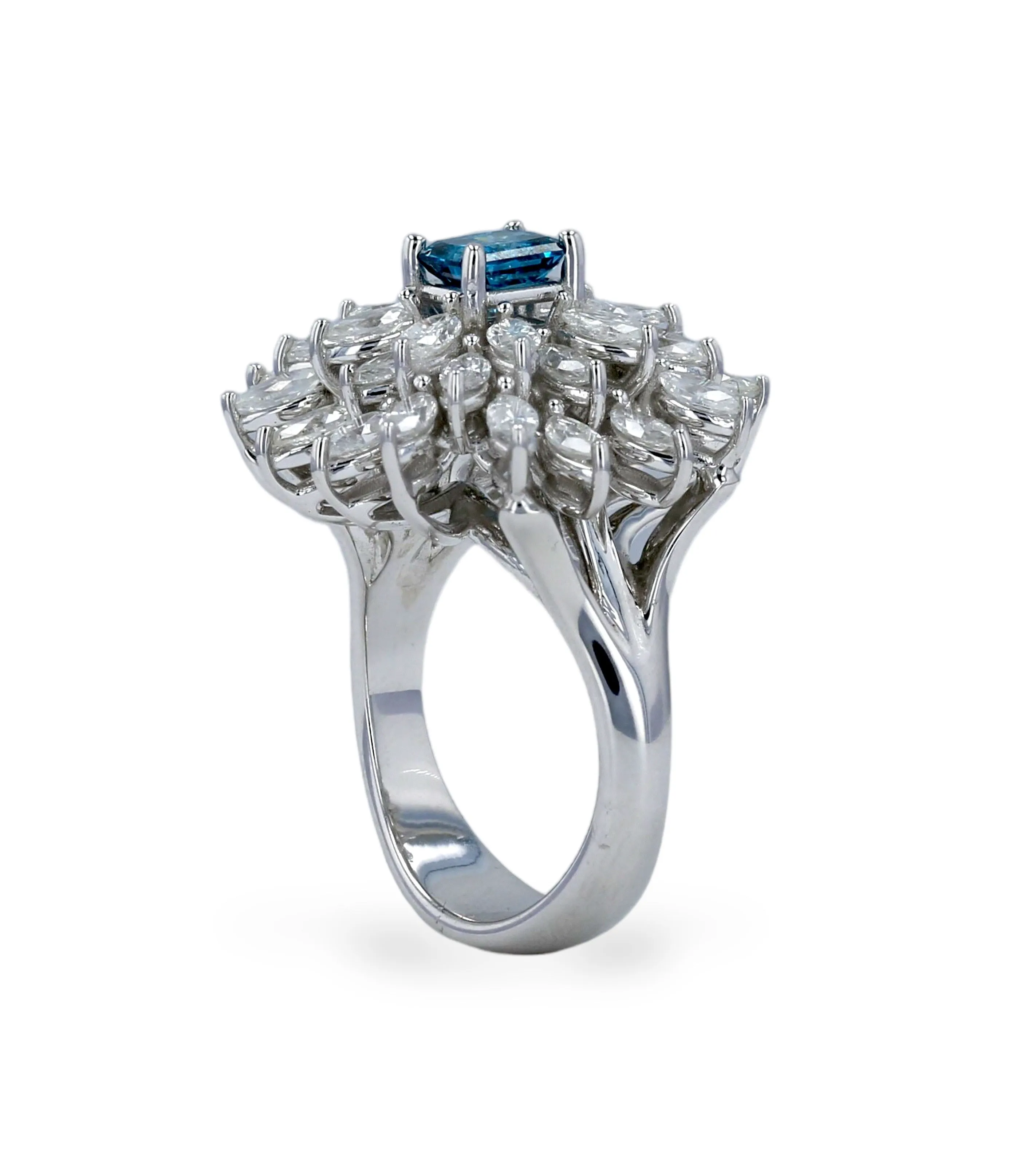 White 14k gold petals diamonds center stone blue diamonds