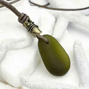 Wine Bottle Olive Green Sea Glass Leather Necklace | #5100