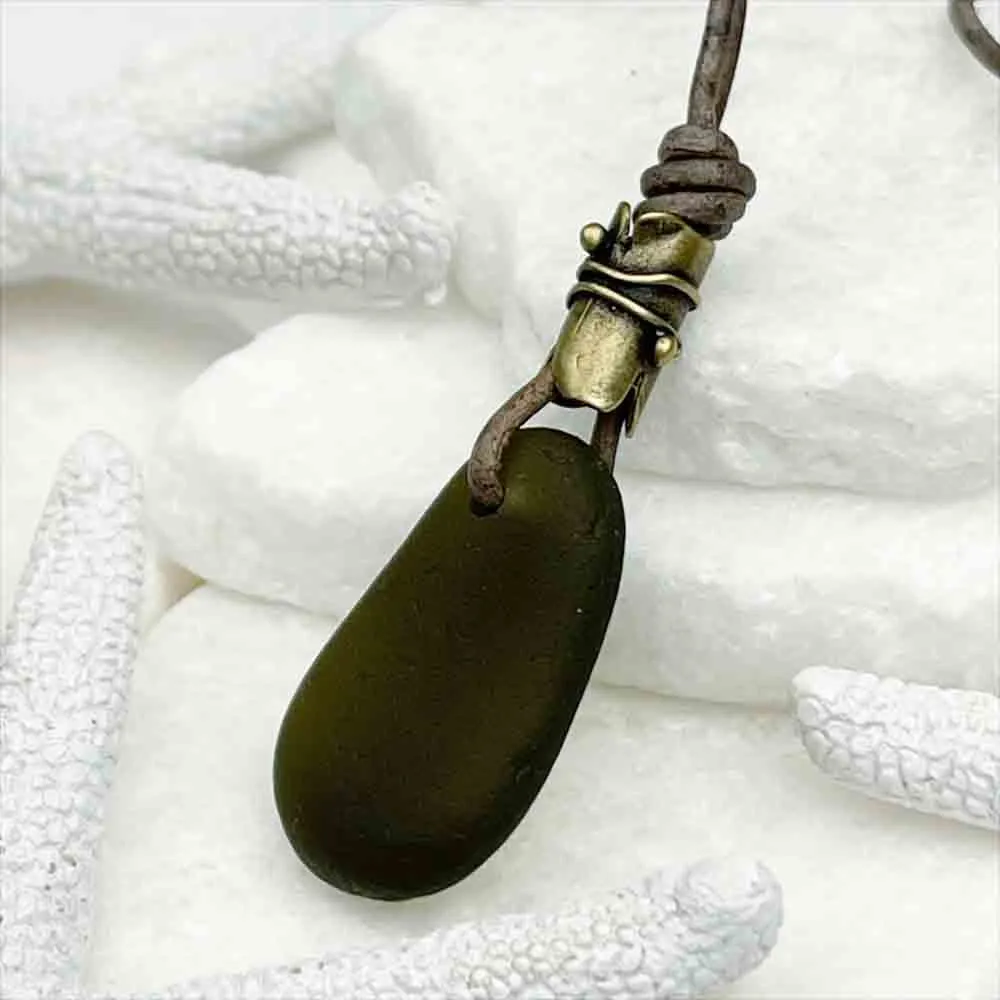 Wine Bottle Olive Green Sea Glass Leather Necklace | #5100