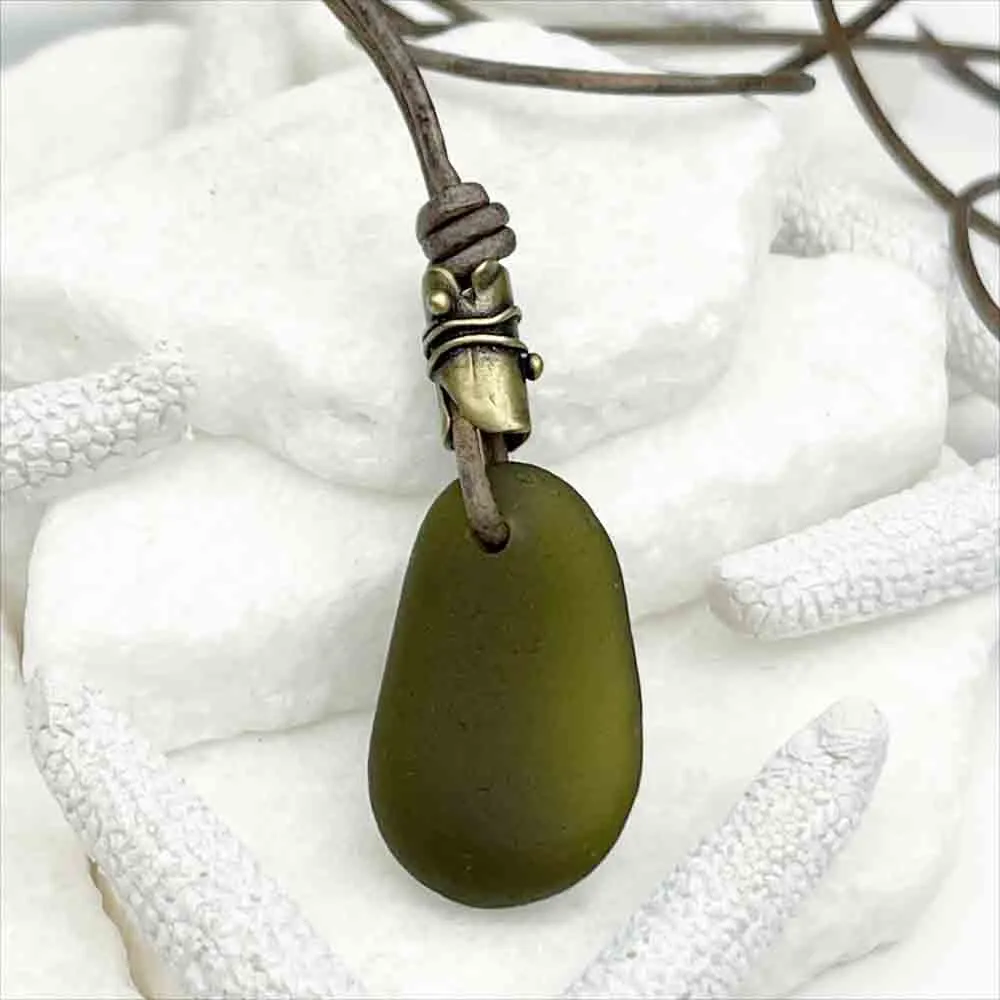 Wine Bottle Olive Green Sea Glass Leather Necklace | #5100