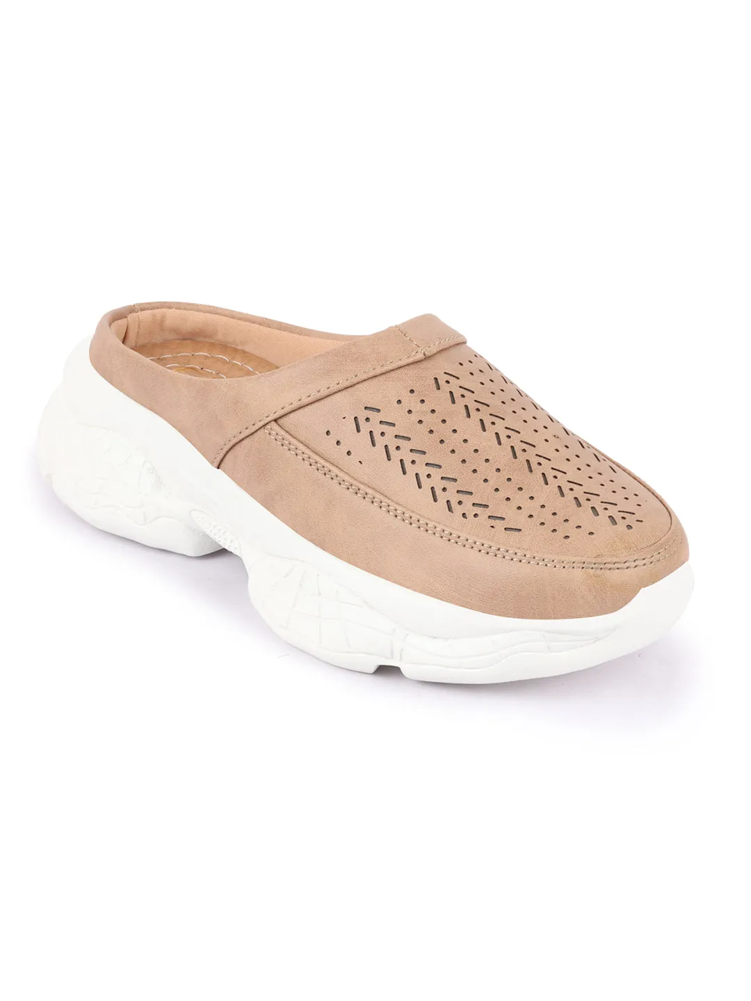 Women Beige Laser Cut Design Stitched Back Open Slip On Mules Shoes