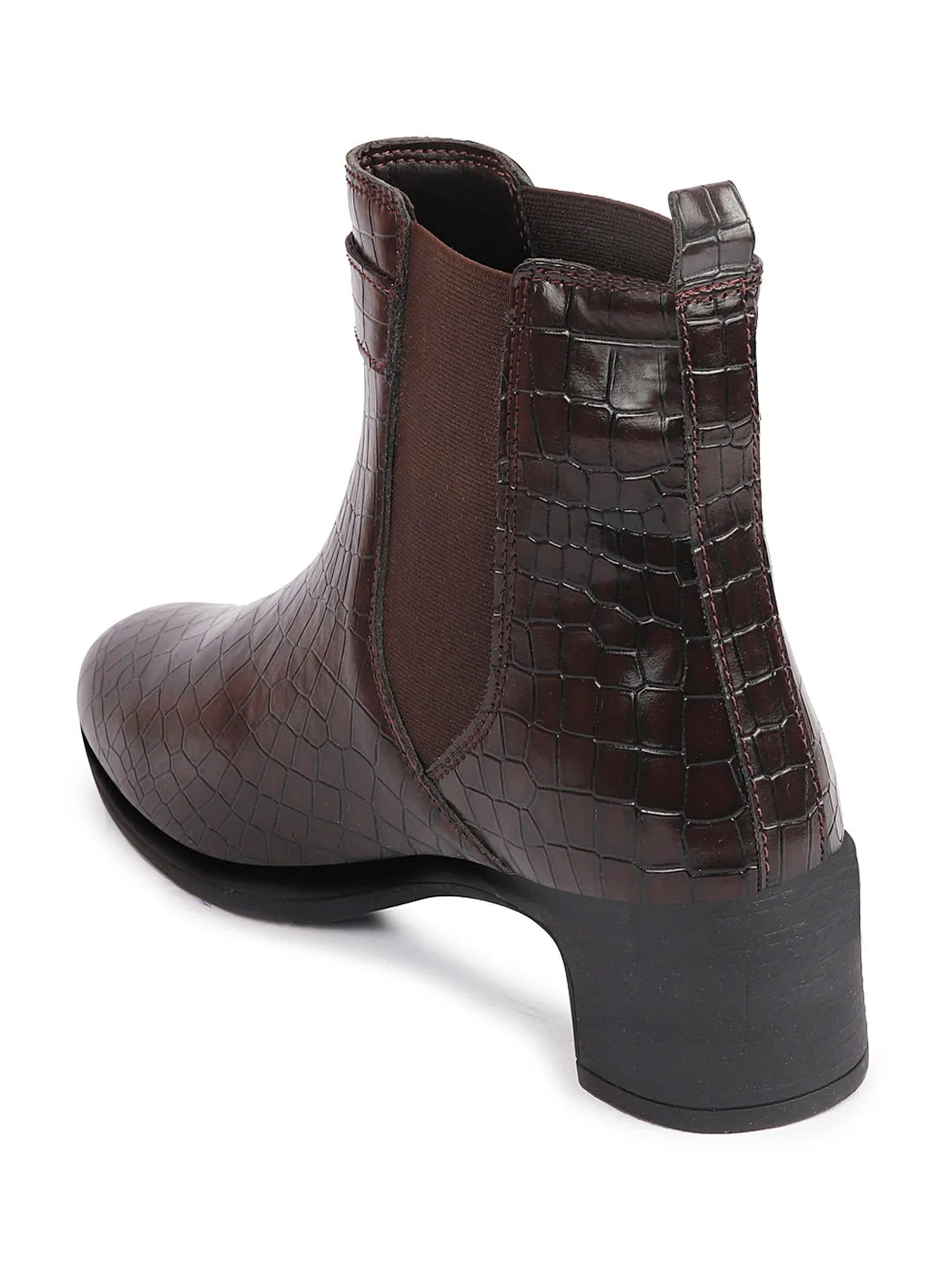 Women Brown Flared Heel High Ankle Leopard Print Embossed Design Winter Buckle Strap Chelsea Boots