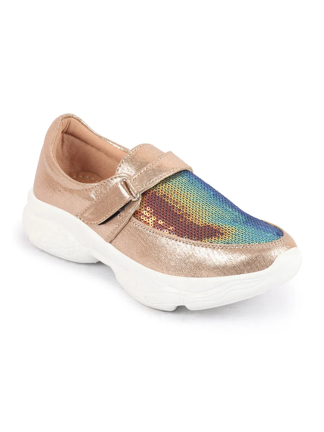 Women Golden Stylish Hook & Loop Sneakers