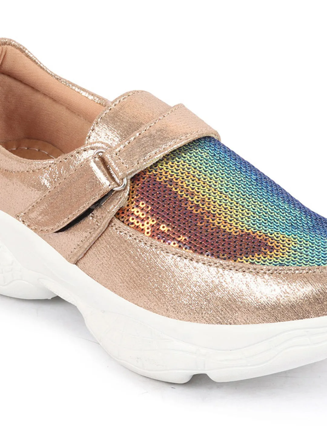 Women Golden Stylish Hook & Loop Sneakers