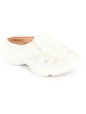 Women Off White Leaf Print Embroidery Design Back Open Slip On Mules Shoes