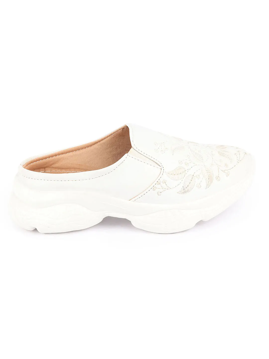 Women Off White Leaf Print Embroidery Design Back Open Slip On Mules Shoes