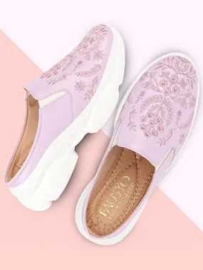 Women Purple Floral Print Embroidery Design Back Open Slip On Mules Shoes